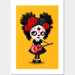 Sugar Skull Girl Playing Turkish Flag Guitar Posters and Art